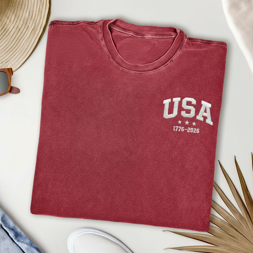 USA 250 Embroidered Left Chest Design Patriotic 1776 2026 Minimalist American Anniversary Tee Gift America Birthday Shirt