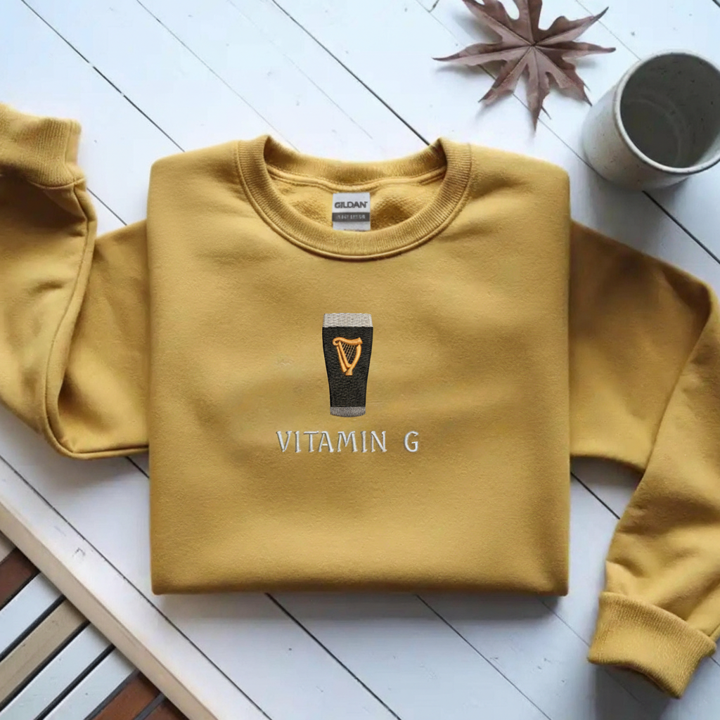Vitamin G Embroidered St Patrick's Day Sweatshirt, Funny Embroidery Irish Pub Hoodie, Beer Lover Gift Sweater, Guinned Inspired Crewneck