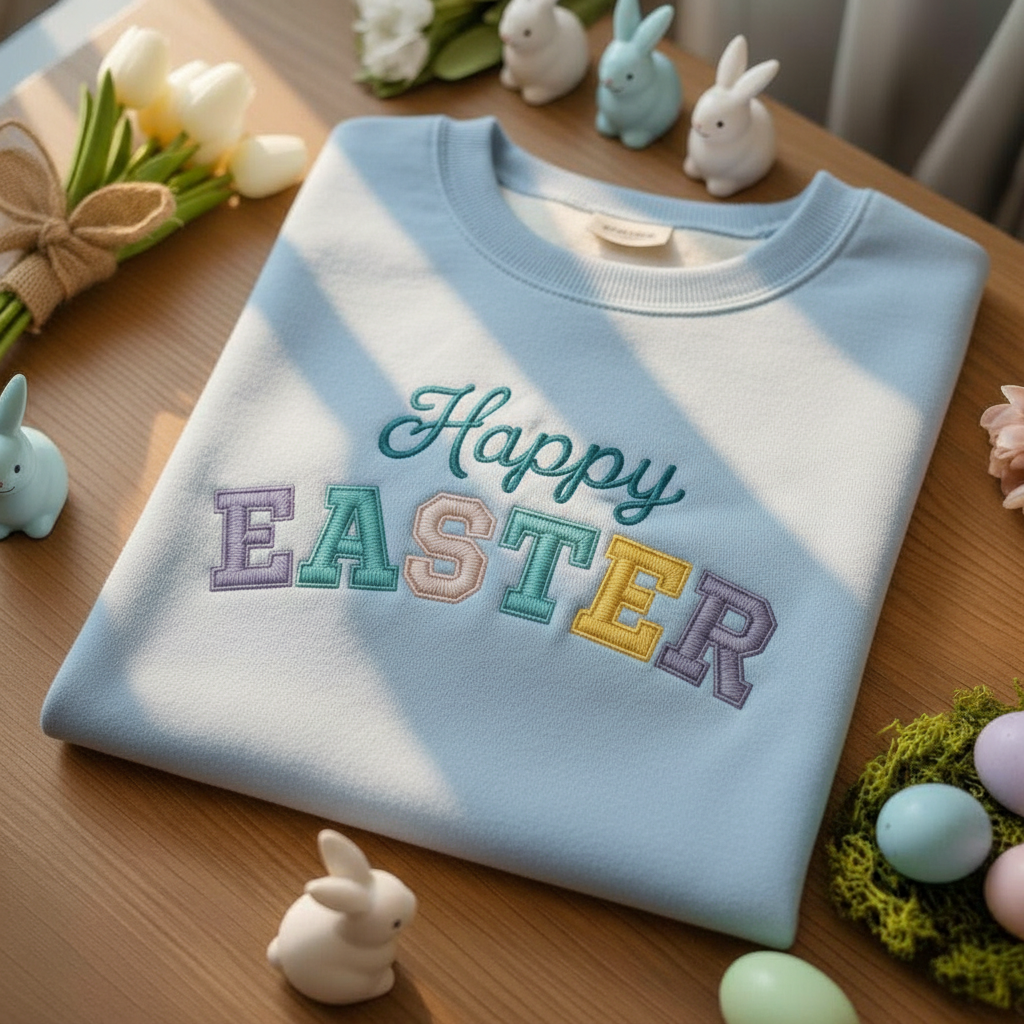 Embroidered Happy Easter Sweatshirt for Women – Cute Bunny Spring Crewneck Pullover