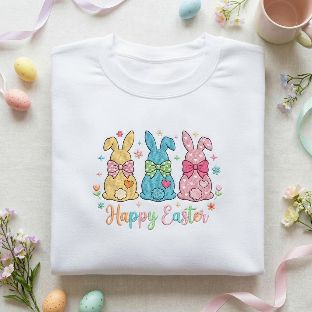 Embroidered Happy Easter Sweatshirt, Colorful Easter Bunny Hoodie, Spring Marshmallow Rabbit Shirt, Cute Pastel Holiday Apparel, Easter Gift