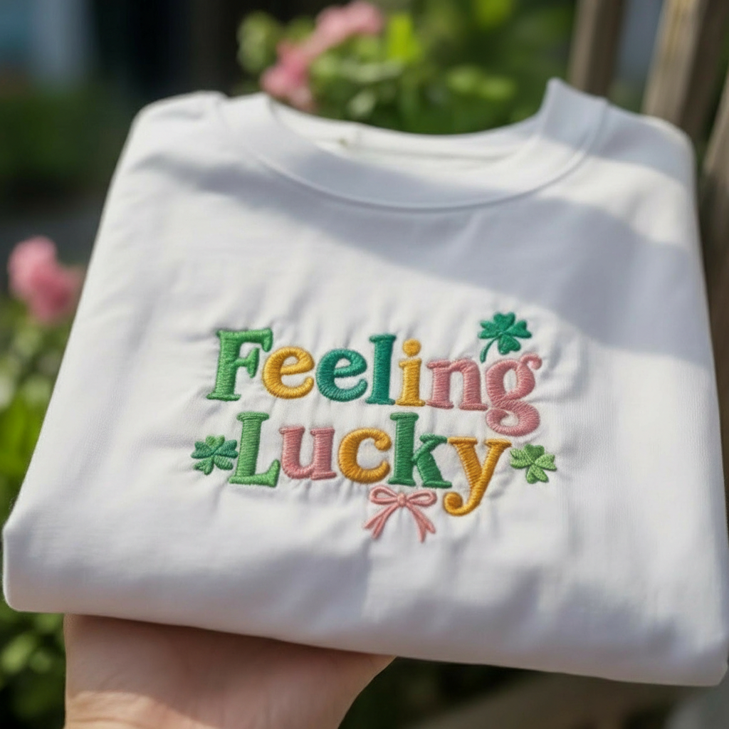 Feeling Lucky Embroidered Sweatshirt, St Patricks Day Apparel Top, Lucky Shamrock Gift Shirt, Pink Bow Irish Top, Festive Lucky Apparel Top