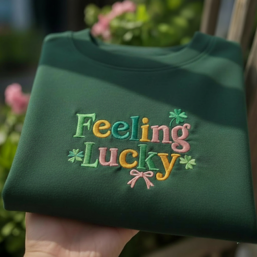 Feeling Lucky Embroidered Sweatshirt, St Patricks Day Apparel Top, Lucky Shamrock Gift Shirt, Pink Bow Irish Top, Festive Lucky Apparel Top