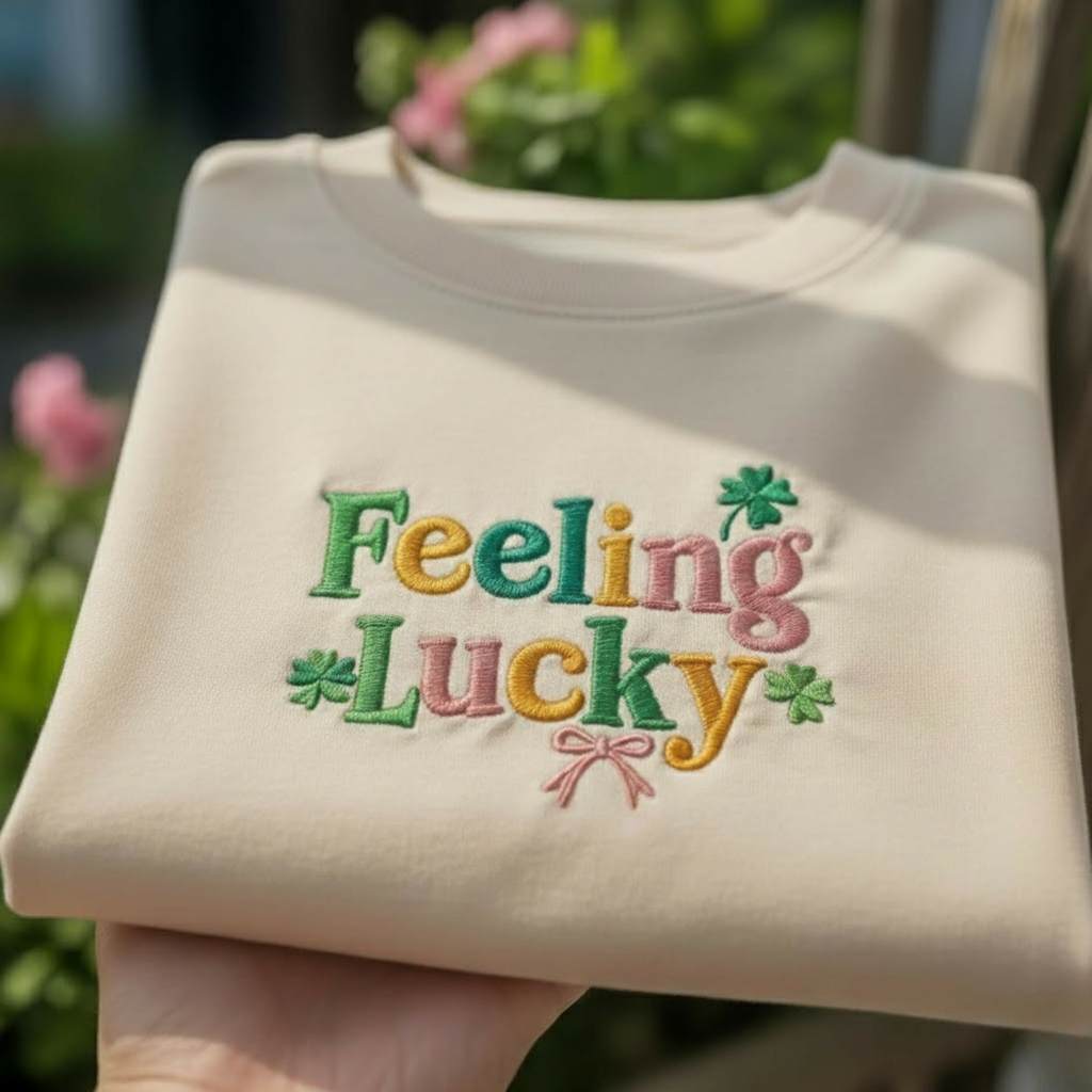 Feeling Lucky Embroidered Sweatshirt, St Patricks Day Apparel Top, Lucky Shamrock Gift Shirt, Pink Bow Irish Top, Festive Lucky Apparel Top