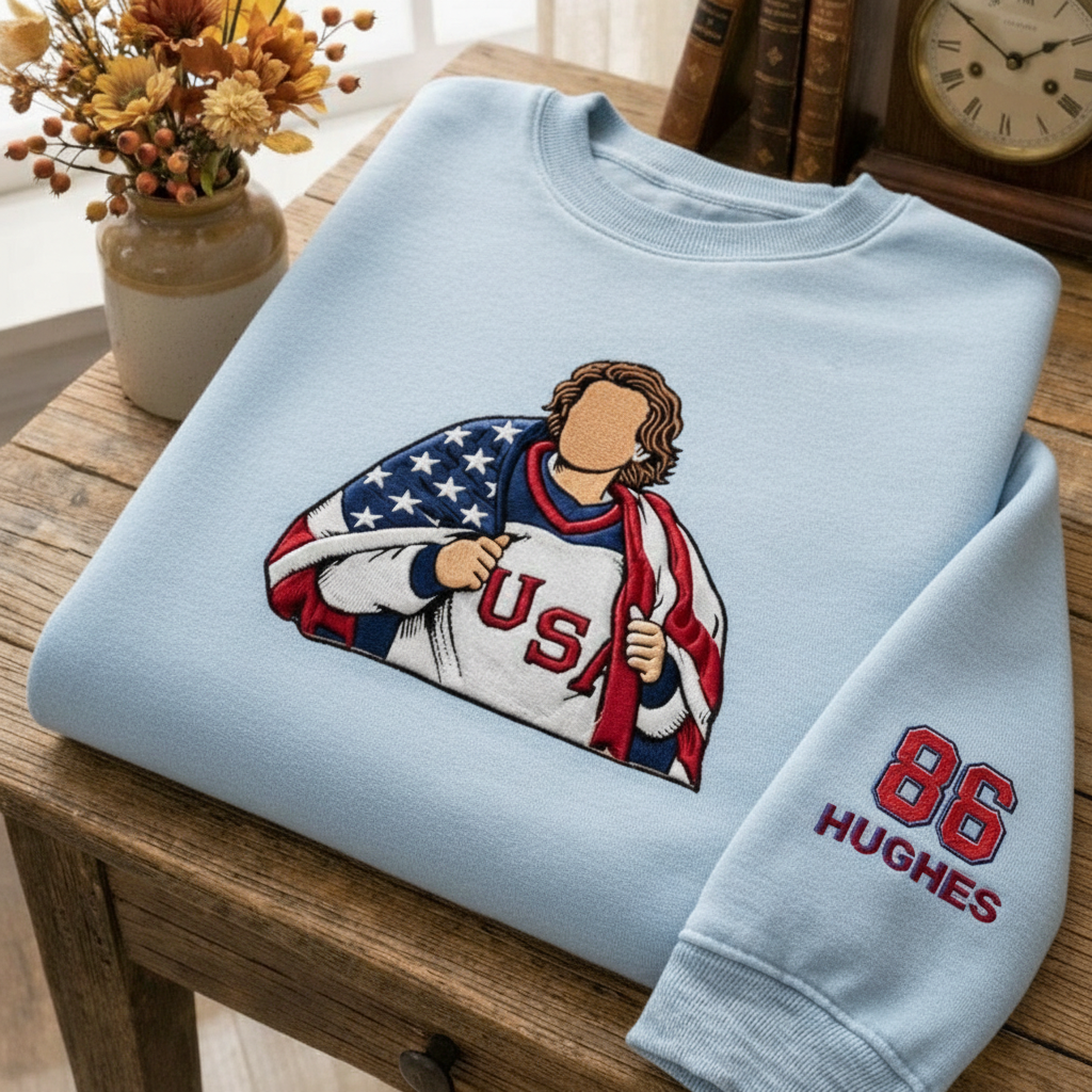 86 Hughes Embroidered Sweatshirt, Patriotic USA Hockey Tee, Vintage Patriotic American Hockey Champion Shirt, Gift For Hockey Lover