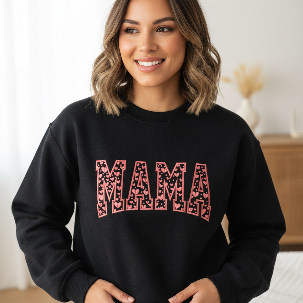 MAMA Heart Letter Embroidered Sweatshirt, Mom Valentine Sweatshirt, Cozy Valentine’s Day Gift for Mom