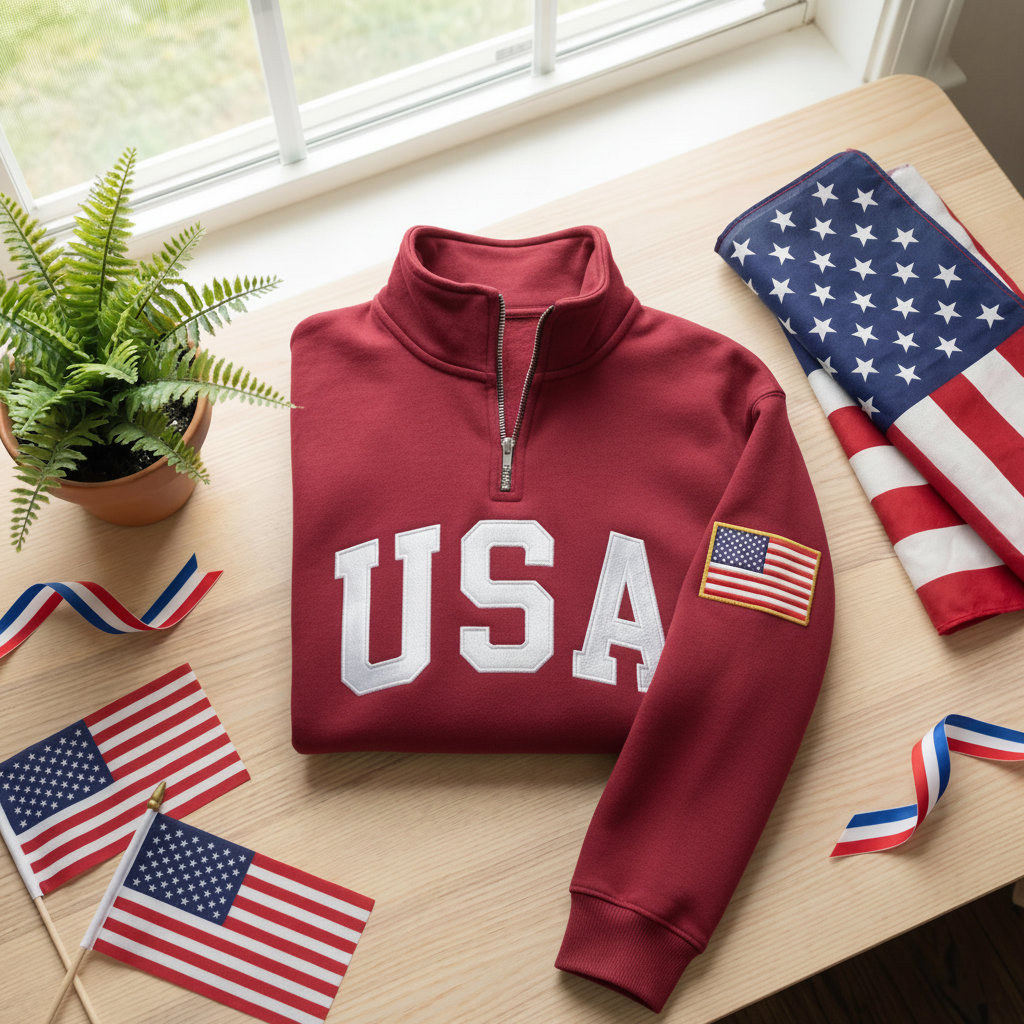 Embroidered USA Quarter Zip Sweatshirt, American Flag Pullover, Patriotic USA Jacket, 4th of July Outfit Tee, Unisex USA Embroidered Shirt