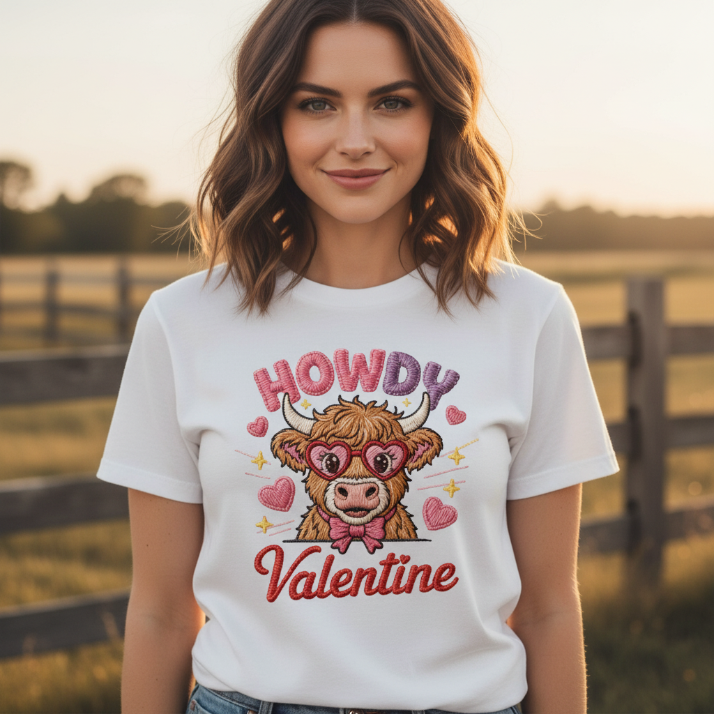 Highland Cow Embroidered Sweatshirt – Cute Holiday Farm Cow Lights Sweater, Cozy Country Gift