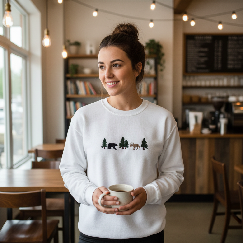Embroidered Nature Sweatshirt, Bear and Moose Forest Wildlife Crewneck, Cozy Handmade Embroidery Gift