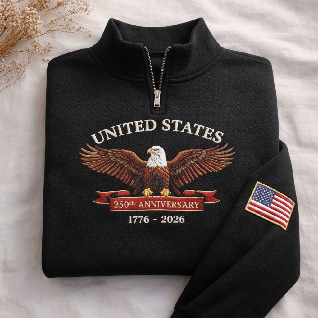 Eagle USA 250th Anniversary Embroidered Quater Zip, America 1776–2026 Sweatshirt, Patriotic American Flag Hoodie, Varsity Letter Shirt