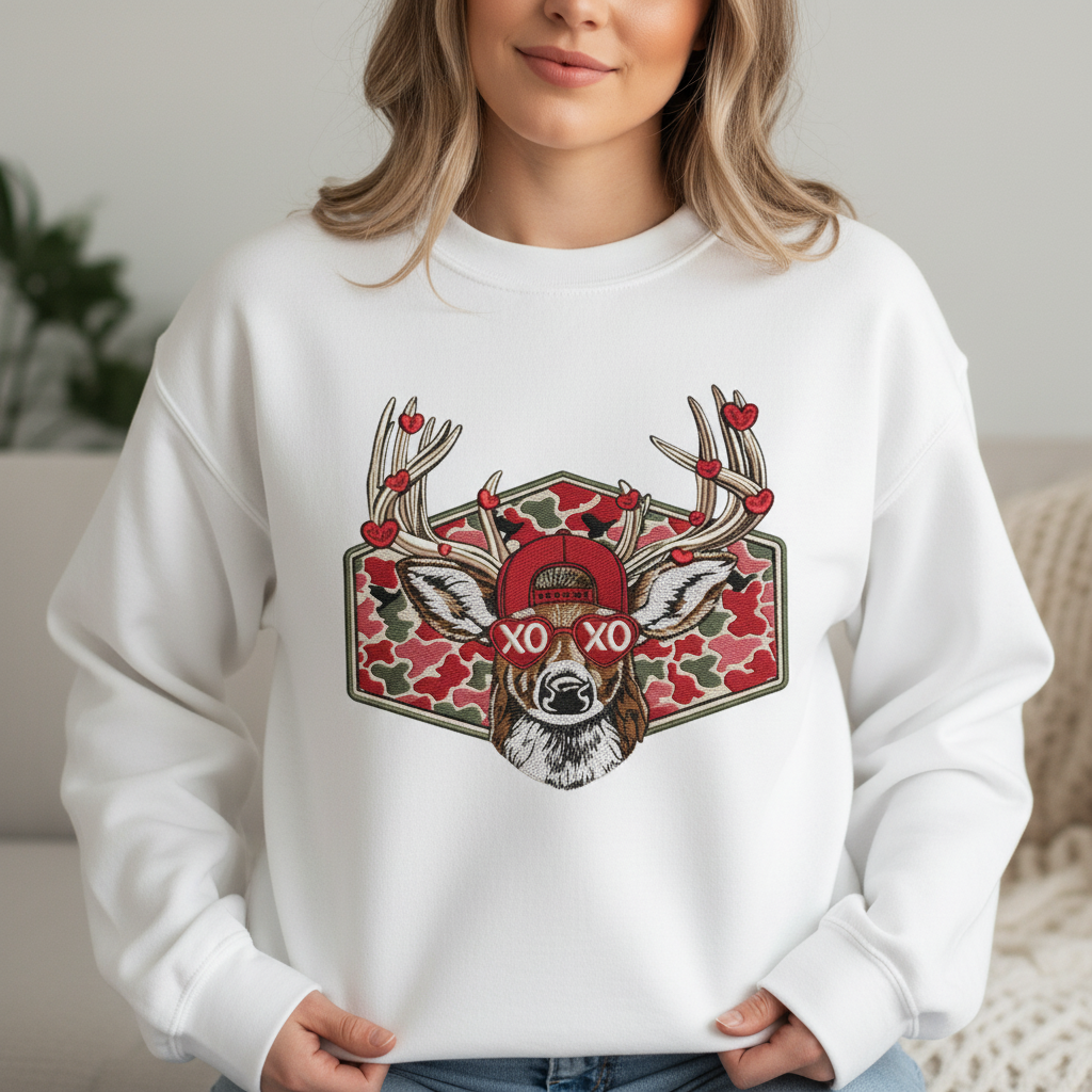 Valentine Buck Embroidered Sweatshirt, Valentine Camo Crewneck, Deer Hunter Valentine Gift
