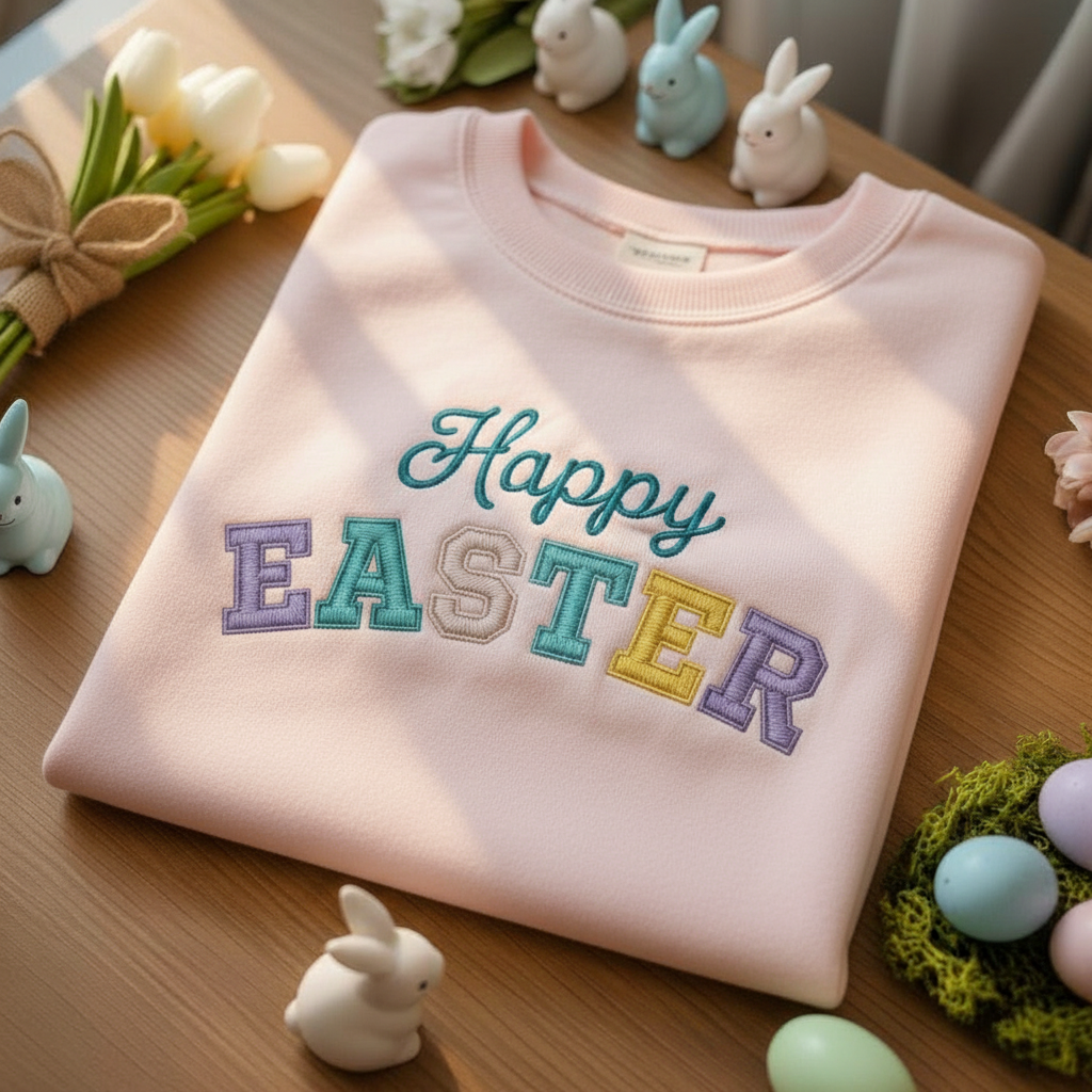 Embroidered Happy Easter Sweatshirt for Women – Cute Bunny Spring Crewneck Pullover