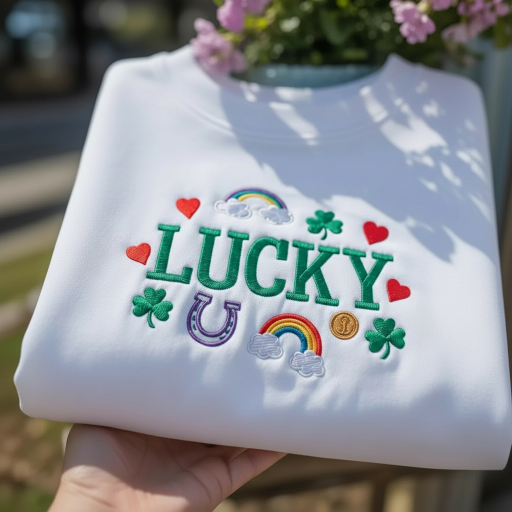 Lucky Rainbow Shamrock Embroidered Sweatshirt, Saint Patrick's Day Magic Shirt, Horseshoe Pot Of Gold Apparel, Festive Crewneck Top