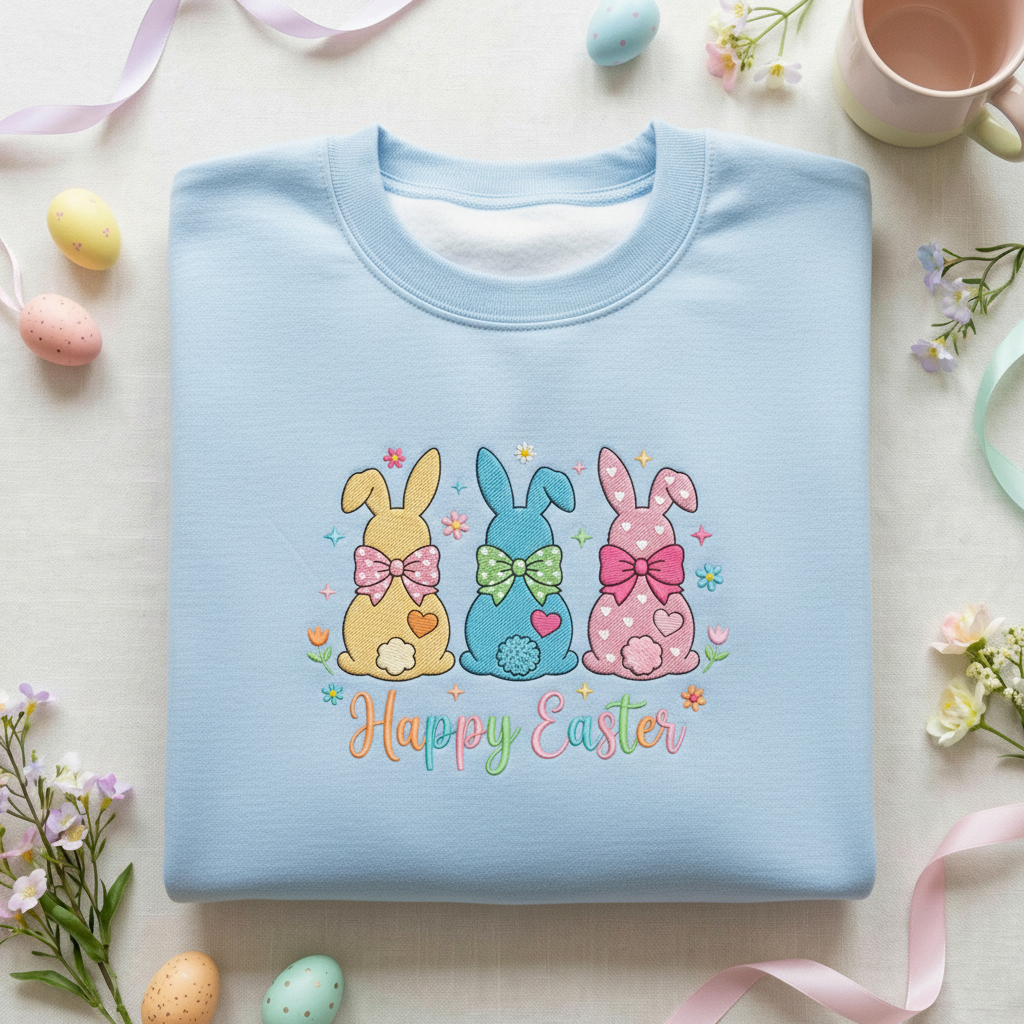 Embroidered Happy Easter Sweatshirt, Colorful Easter Bunny Hoodie, Spring Marshmallow Rabbit Shirt, Cute Pastel Holiday Apparel, Easter Gift