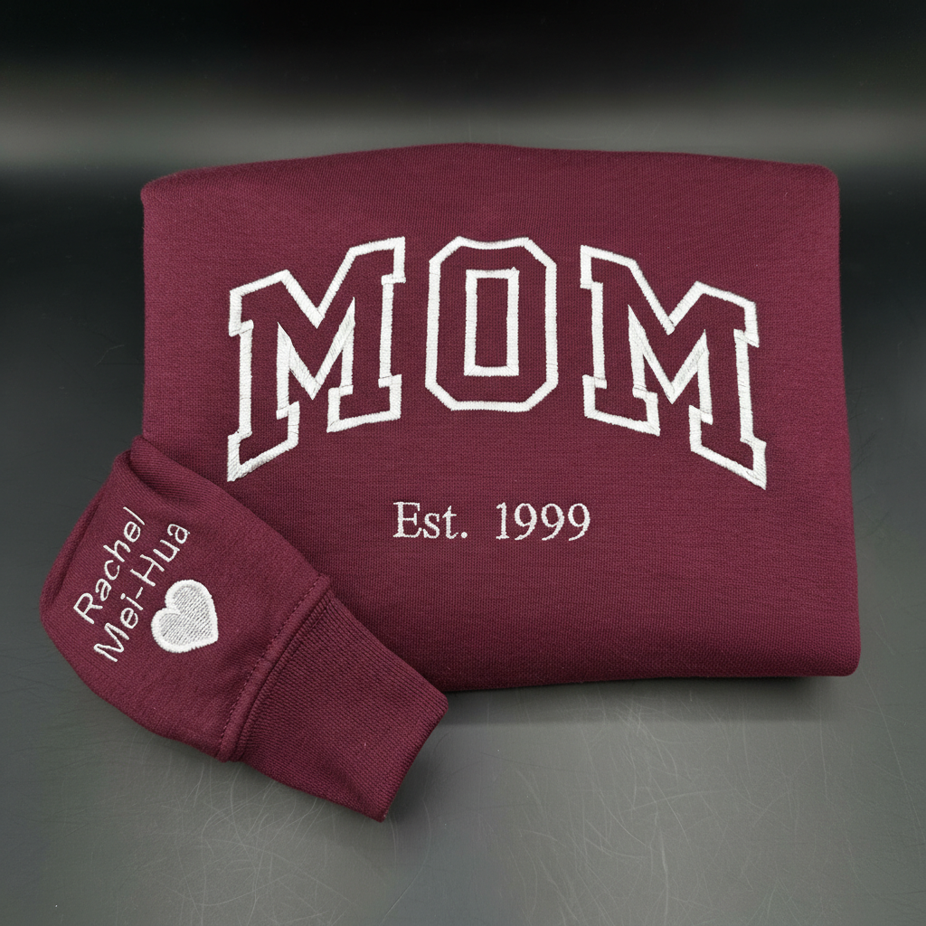 Custom Embroidered Sweatshirt, Personalized Name on Sleeve with Heart, Sweater with Date, Grandma Gift for New Mom, Meaningful Christmas Gift