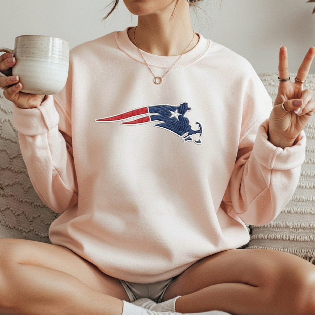 New England Football Map Logo Embroidery Shirt – Patriots Style Fan Gear | Machine-Embroidered Sweatshirt, USA Sports Pattern