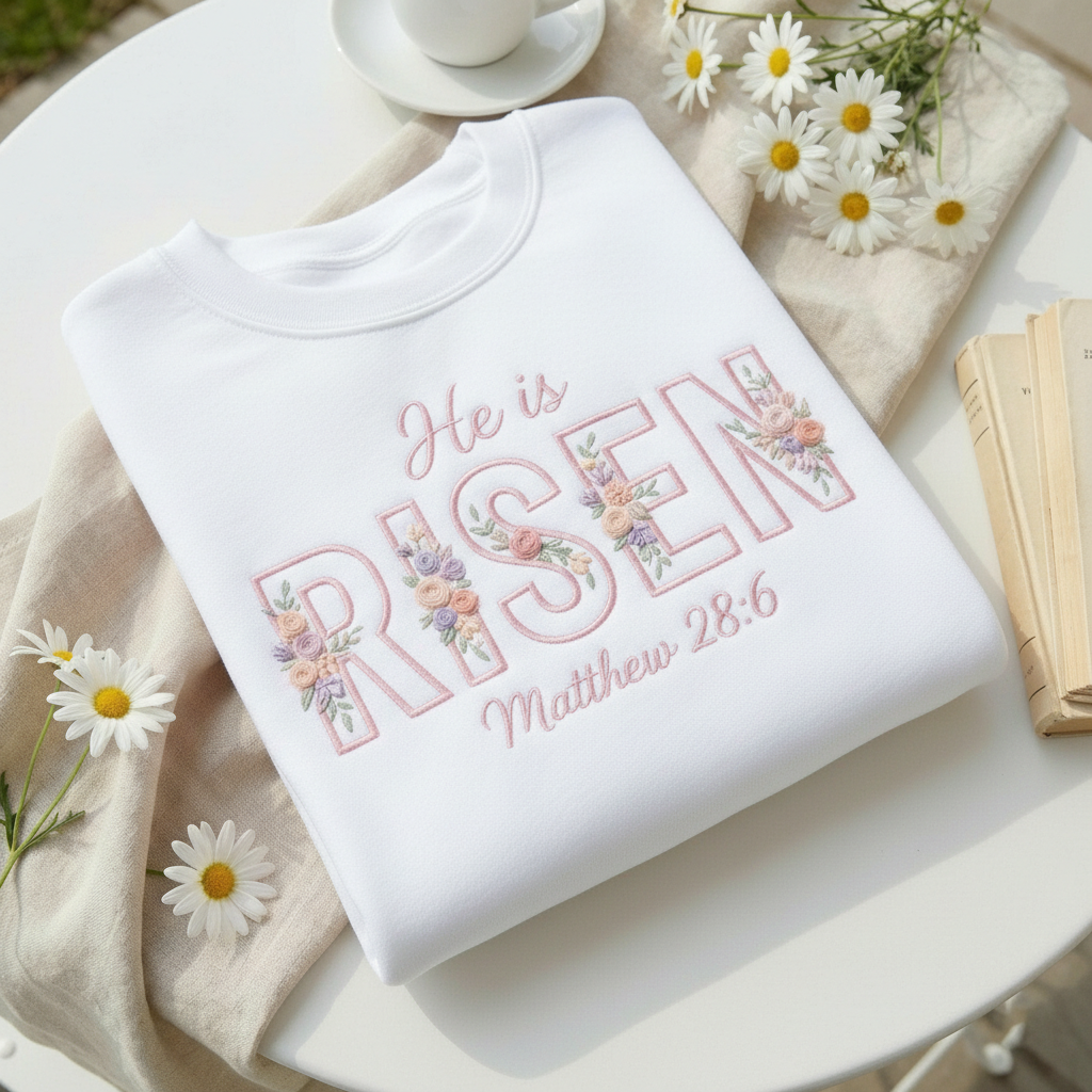 Embroidered He Is Risen Easter Sweatshirt, Floral Easter Shirt, Jesus Easter Shirt, Easter Shirt For Women, Easter Gift, Christian Gift