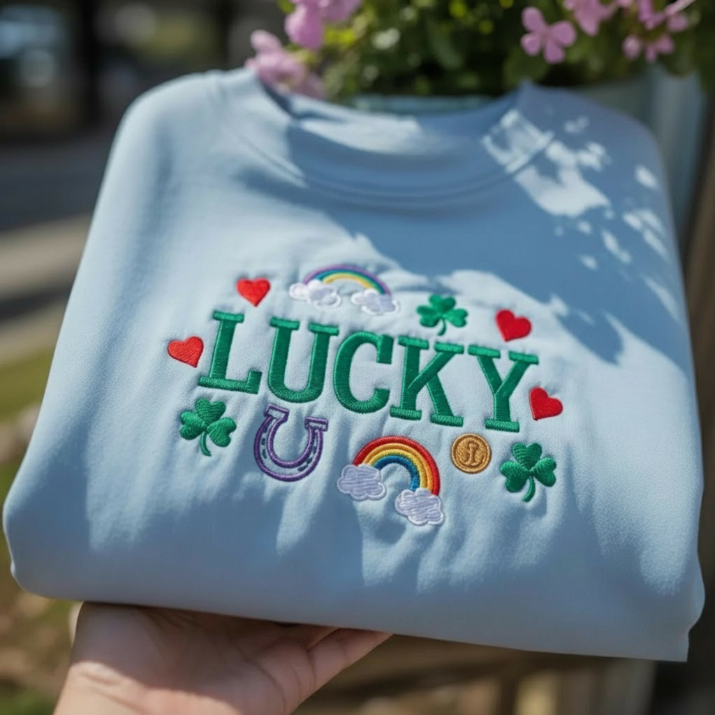 Lucky Rainbow Shamrock Embroidered Sweatshirt, Saint Patrick's Day Magic Shirt, Horseshoe Pot Of Gold Apparel, Festive Crewneck Top