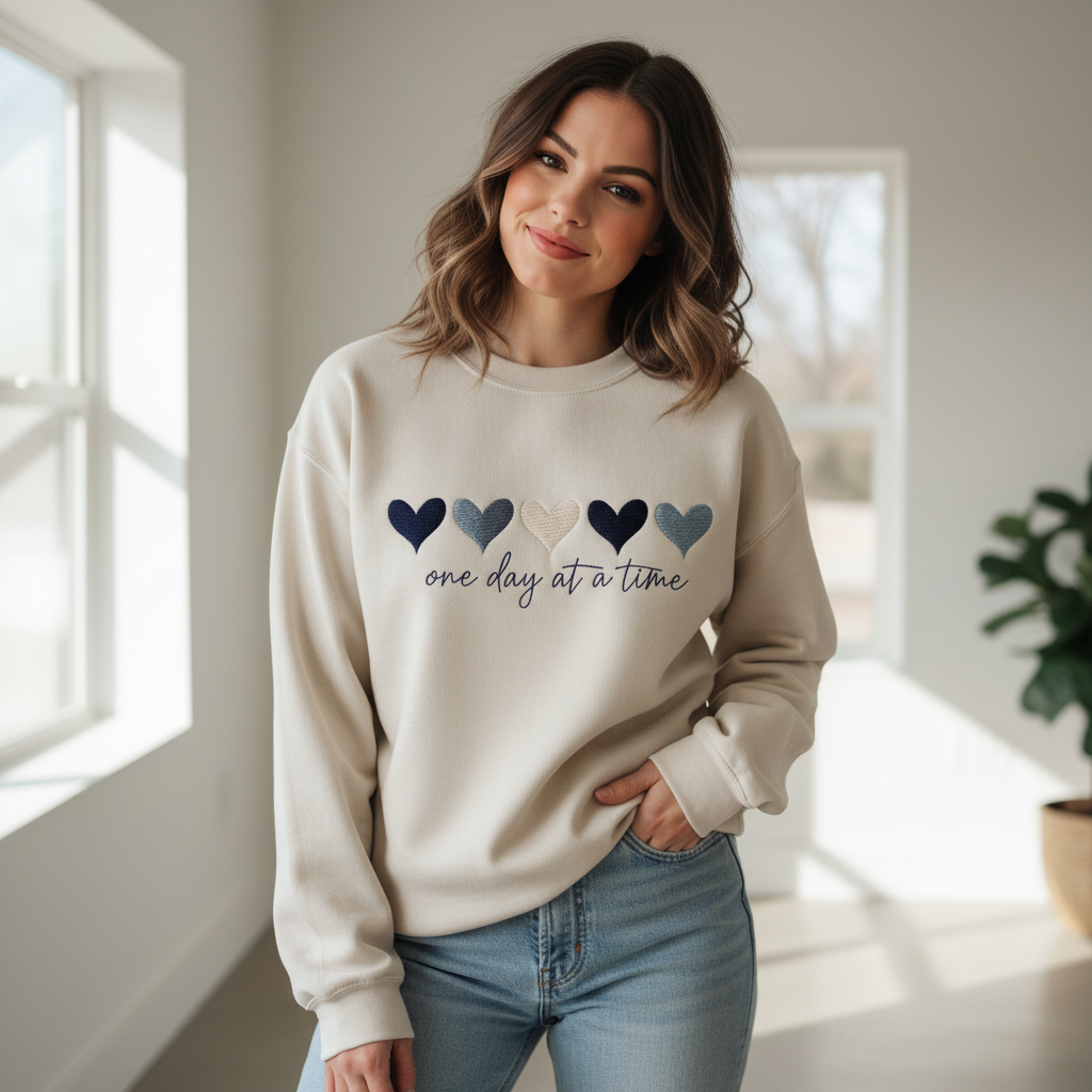 One Day At A Time Embroidered Design, Inspirational Mental Health Quote, Cute Hearts Gift Design