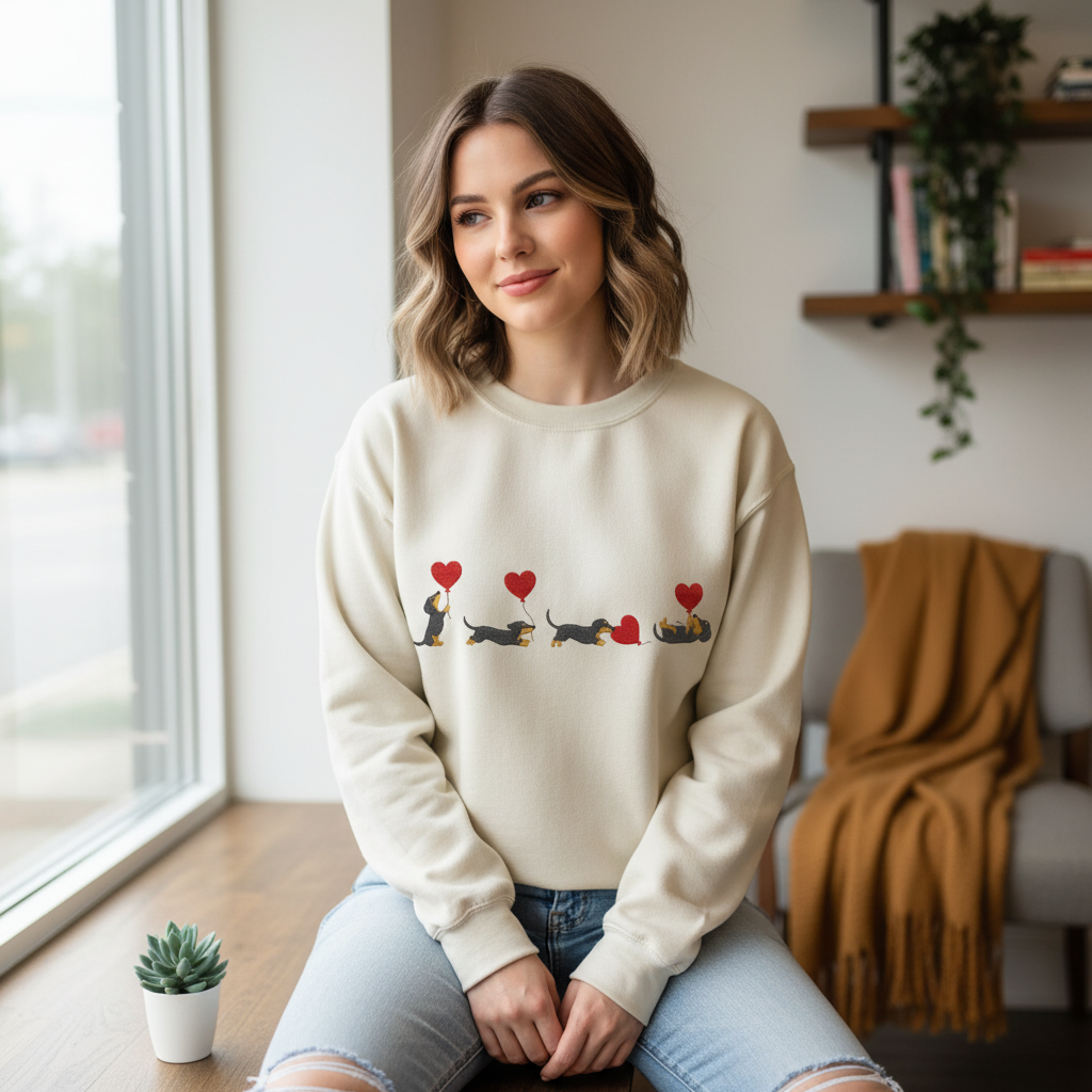 Valentine Dachshund Embroidered Sweatshirt, Heart Balloon Sausage Dog Crewneck, Dog Mom Valentine Gift