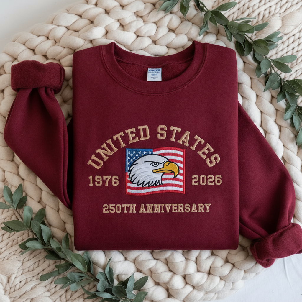 Embroidered American 250th Anniversary Sweatshirt – USA 250 Shirt | Independence Day USA 1776 Flag Sweatshirt