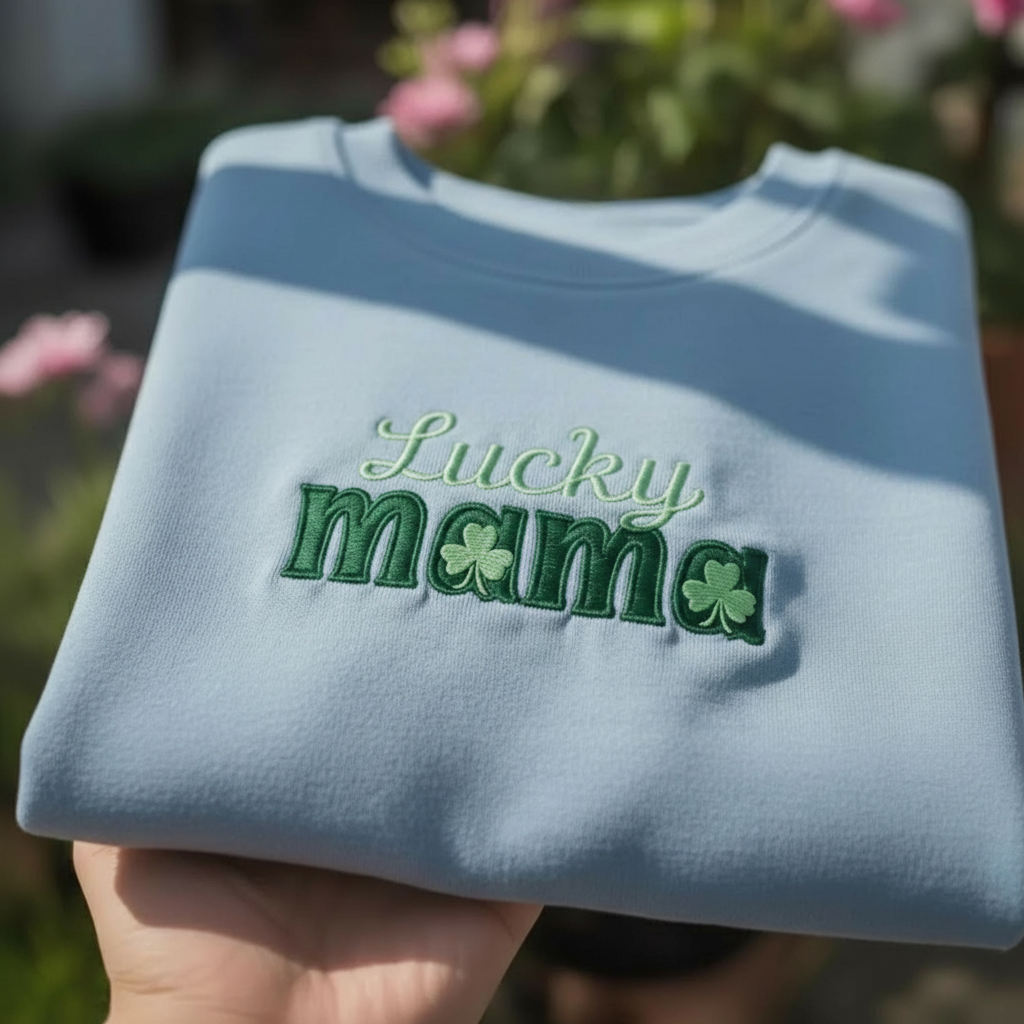 Lucky Mama St Patrick's Day Embroidered Sweatshirt, Irish Motherhood Shirt, Green Shamrock Mom Apparel, Festive Family Crewneck Top