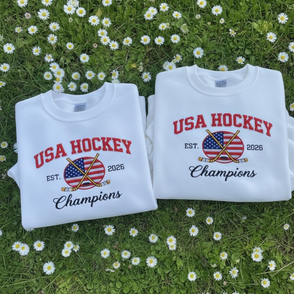 Embroidered USA Ice Hockey Sweatshirt, Winter Sports Champions Tee, Quinn Hughes Jack Hughes Shirt, USA Mens Hockey Gold Medal Fans Gift