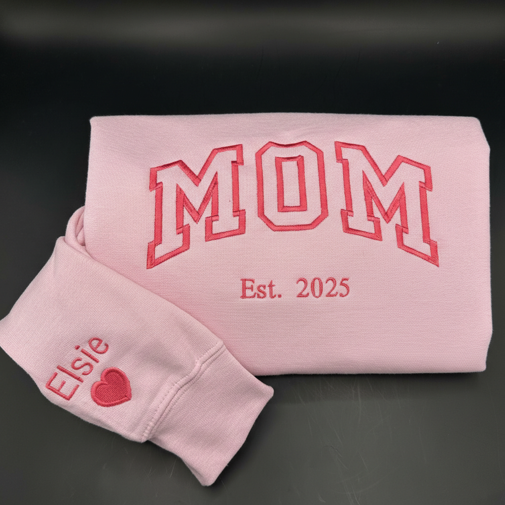 Custom Embroidered Sweatshirt, Personalized Name on Sleeve with Heart, Sweater with Date, Grandma Gift for New Mom, Meaningful Christmas Gift