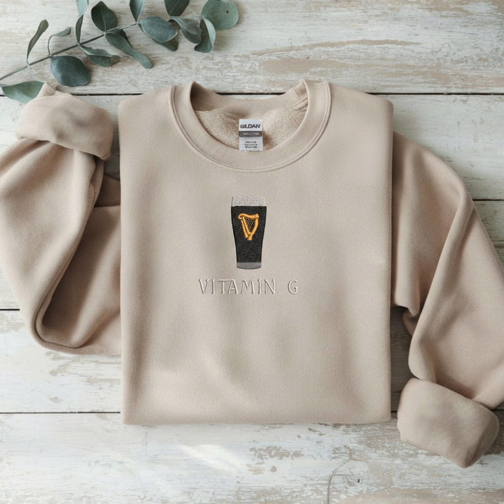 Vitamin G Embroidered St Patrick's Day Sweatshirt, Funny Embroidery Irish Pub Hoodie, Beer Lover Gift Sweater, Guinned Inspired Crewneck