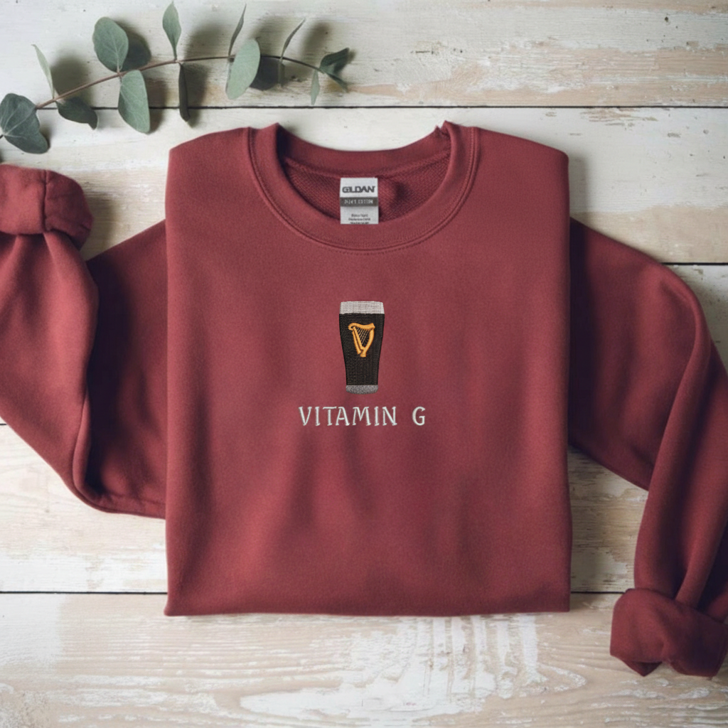 Vitamin G Embroidered St Patrick's Day Sweatshirt, Funny Embroidery Irish Pub Hoodie, Beer Lover Gift Sweater, Guinned Inspired Crewneck