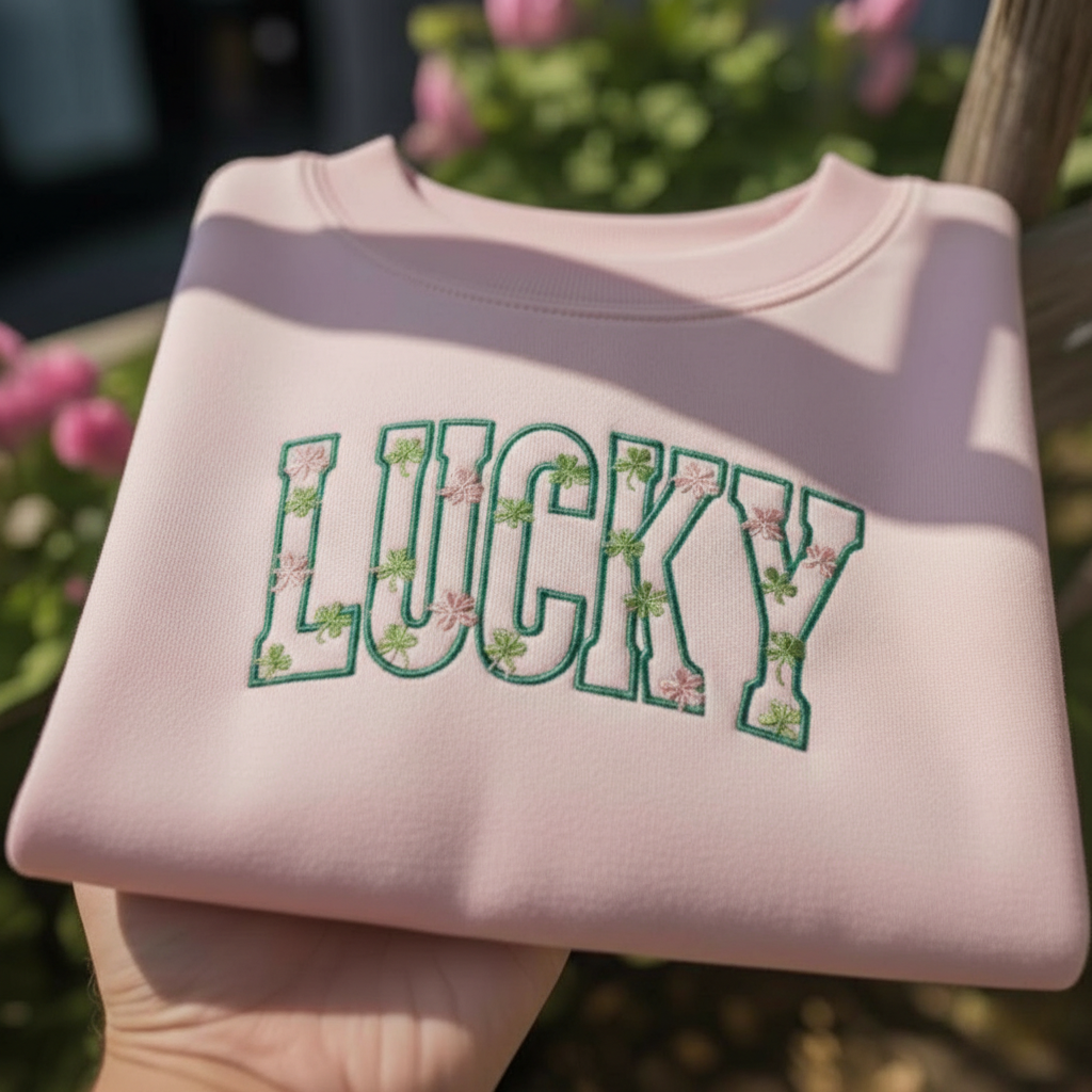 Lucky Floral St Patrick's Day Embroidered Sweatshirt, Pink Clover Irish Shirt, Aesthetic Lucky Apparel, Green Shamrock Crewneck Sweater