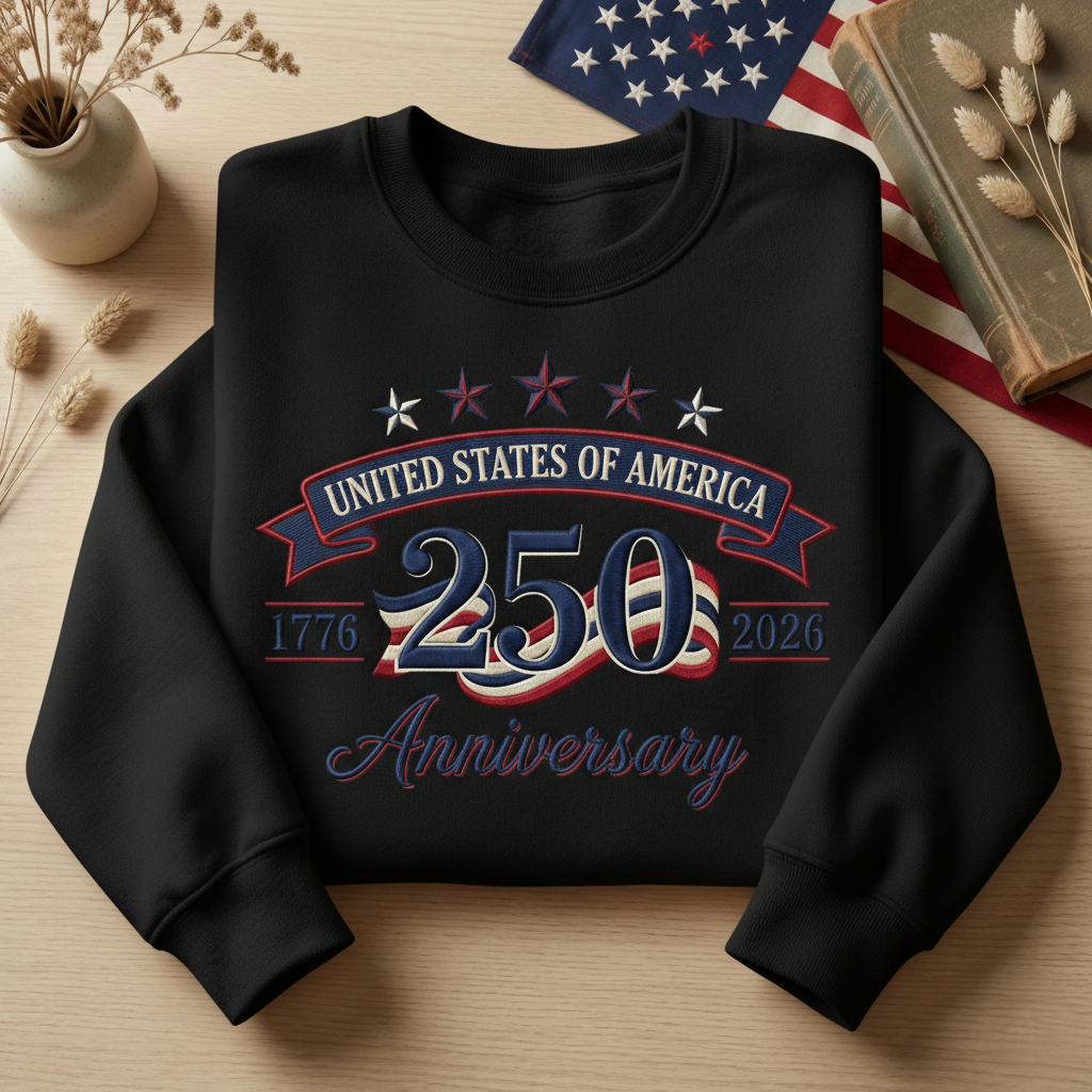 USA 250th Anniversary Embroidered Sweatshirt, America 1776–2026 Crewneck, Patriotic Fourth of July Shirt