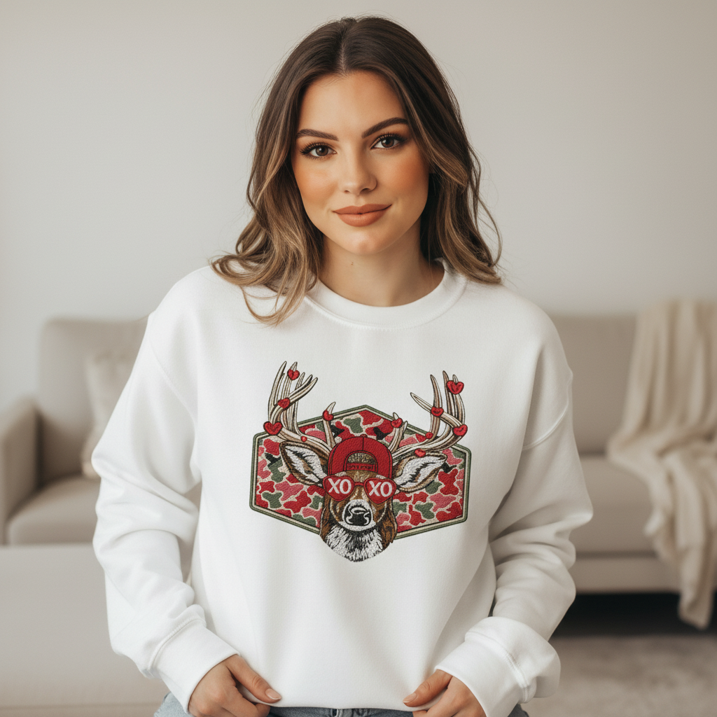 Valentine Buck Embroidered Sweatshirt, Valentine Camo Crewneck, Deer Hunter Valentine Gift