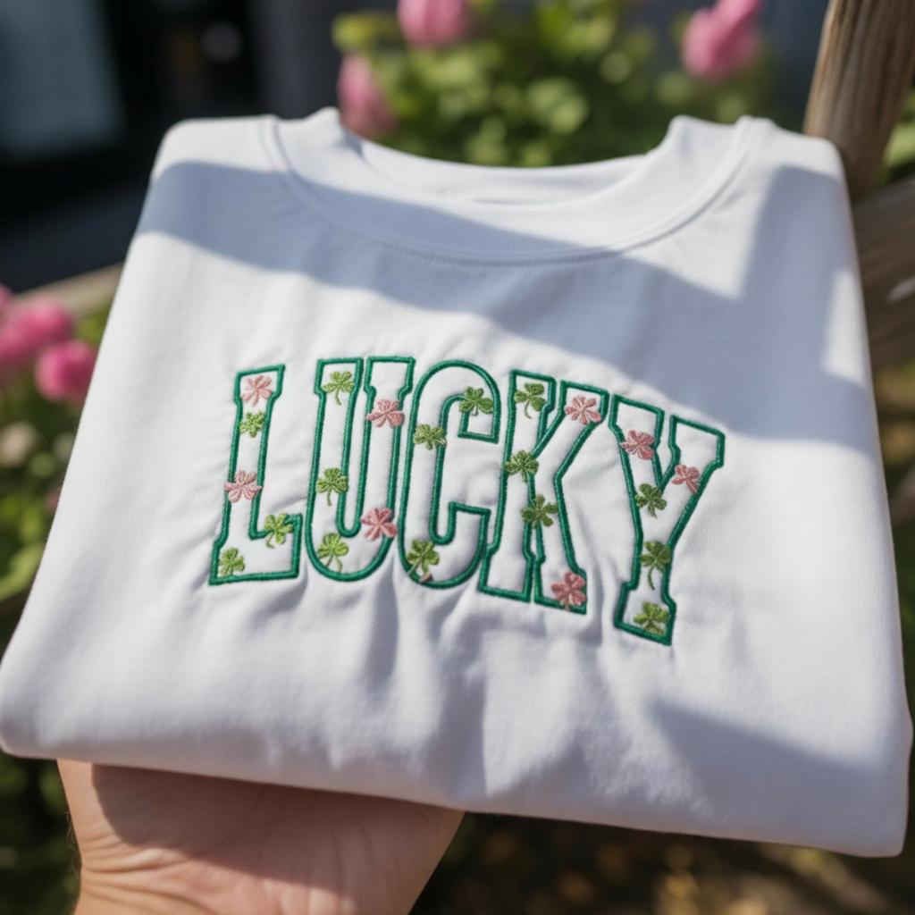 Lucky Floral St Patrick's Day Embroidered Sweatshirt, Pink Clover Irish Shirt, Aesthetic Lucky Apparel, Green Shamrock Crewneck Sweater