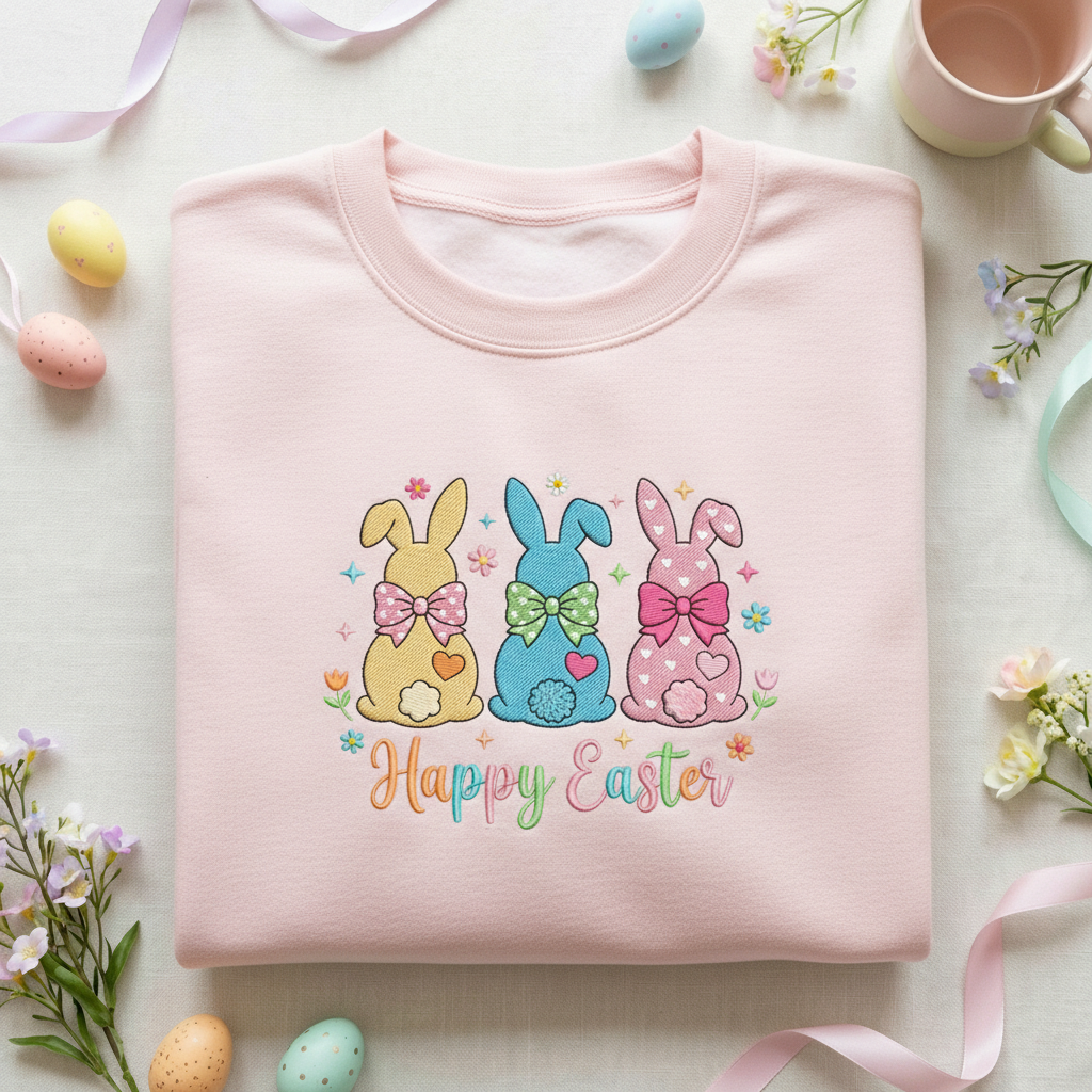 Embroidered Happy Easter Sweatshirt, Colorful Easter Bunny Hoodie, Spring Marshmallow Rabbit Shirt, Cute Pastel Holiday Apparel, Easter Gift
