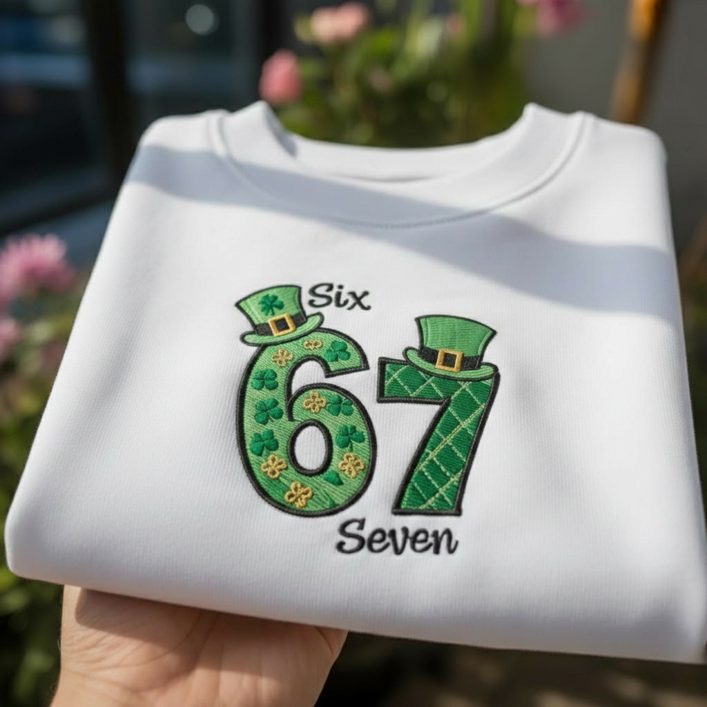 Six Seven St Patrick's Day Embroidered Sweatshirt, Lucky Number Irish Shirt, Green Clover Hat Apparel, Saint Paddy Day Crewneck Sweater