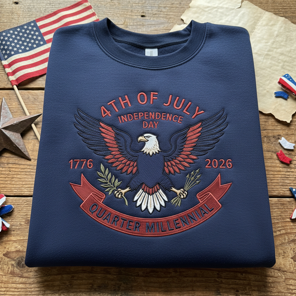 Embroidered Quarter Millennial Sweatshirt, USA 250th Anniversary Hoodie, 4th of July Independence Day Crewneck, Patriotic Eagle Top