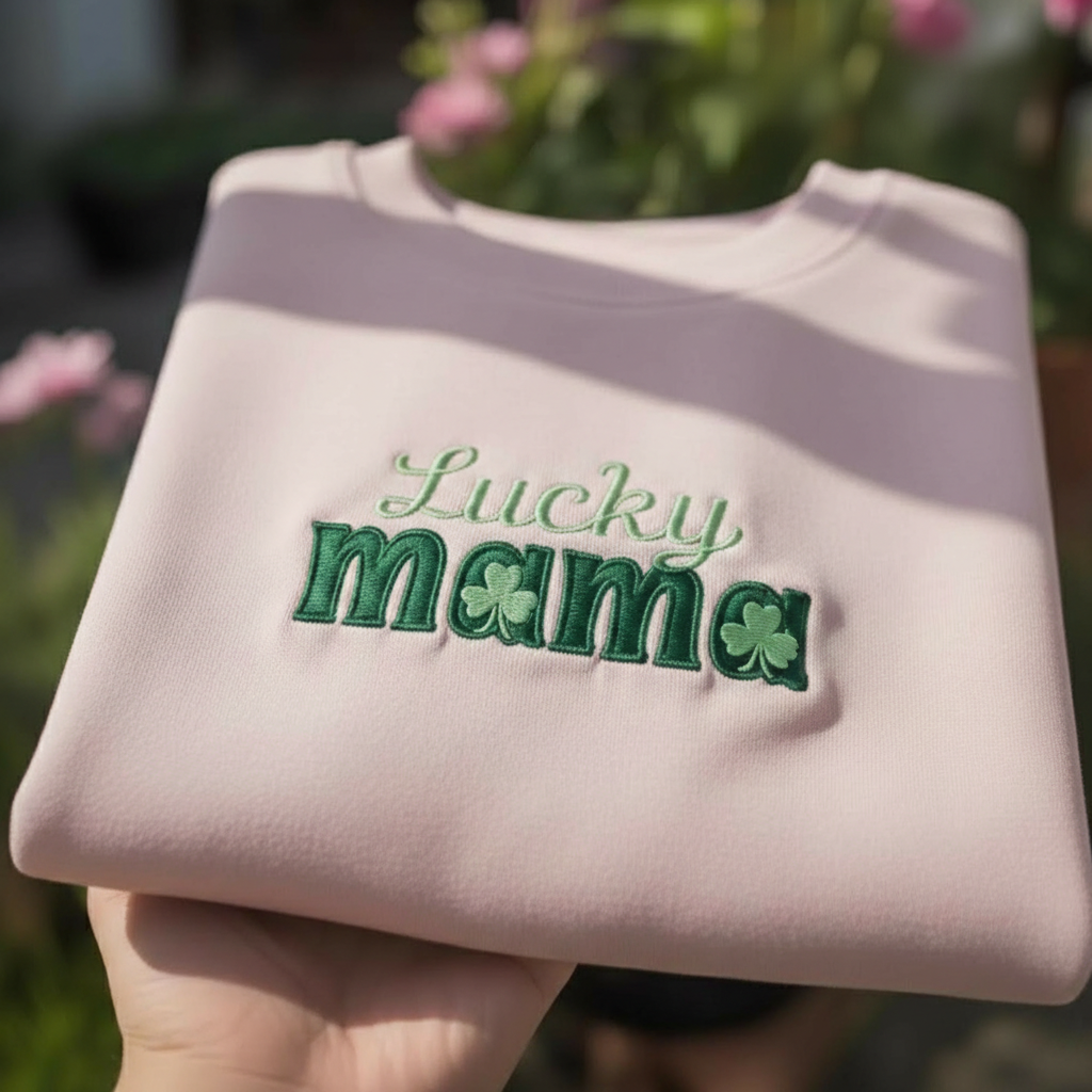 Lucky Mama St Patrick's Day Embroidered Sweatshirt, Irish Motherhood Shirt, Green Shamrock Mom Apparel, Festive Family Crewneck Top