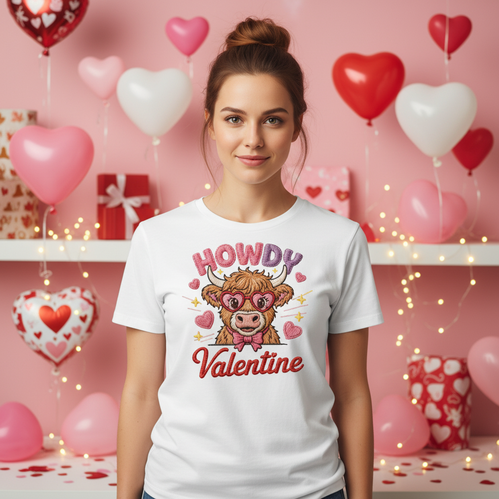 Highland Cow Embroidered Sweatshirt – Cute Holiday Farm Cow Lights Sweater, Cozy Country Gift