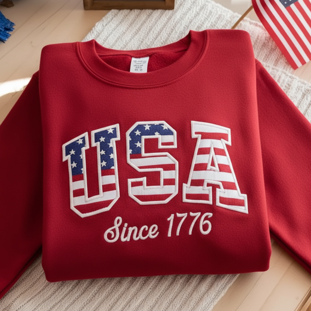 Embroidered USA Sweatshirt, Est 1776 American Flag Apparel, Patriotic Women's Shirt