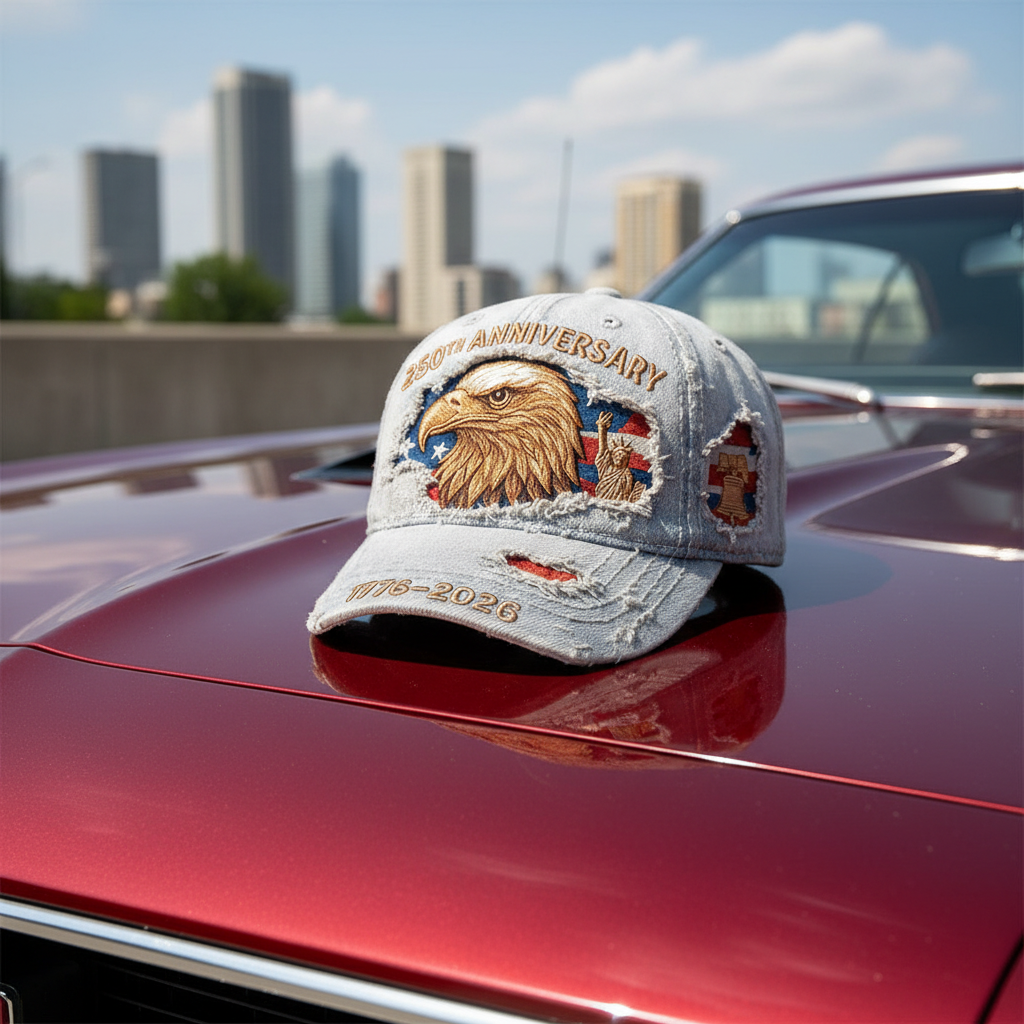 USA 250th Anniversary Distressed Hat 1776–2026 – Vintage Embroidered Bald Eagle & Statue of Liberty Patriotic Cap, American Flag Independence Celebration