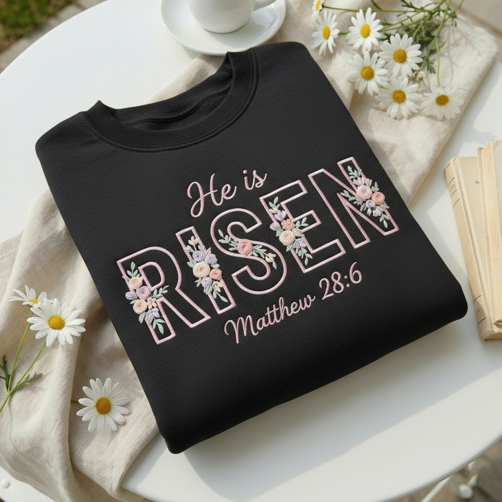Embroidered He Is Risen Easter Sweatshirt, Floral Easter Shirt, Jesus Easter Shirt, Easter Shirt For Women, Easter Gift, Christian Gift