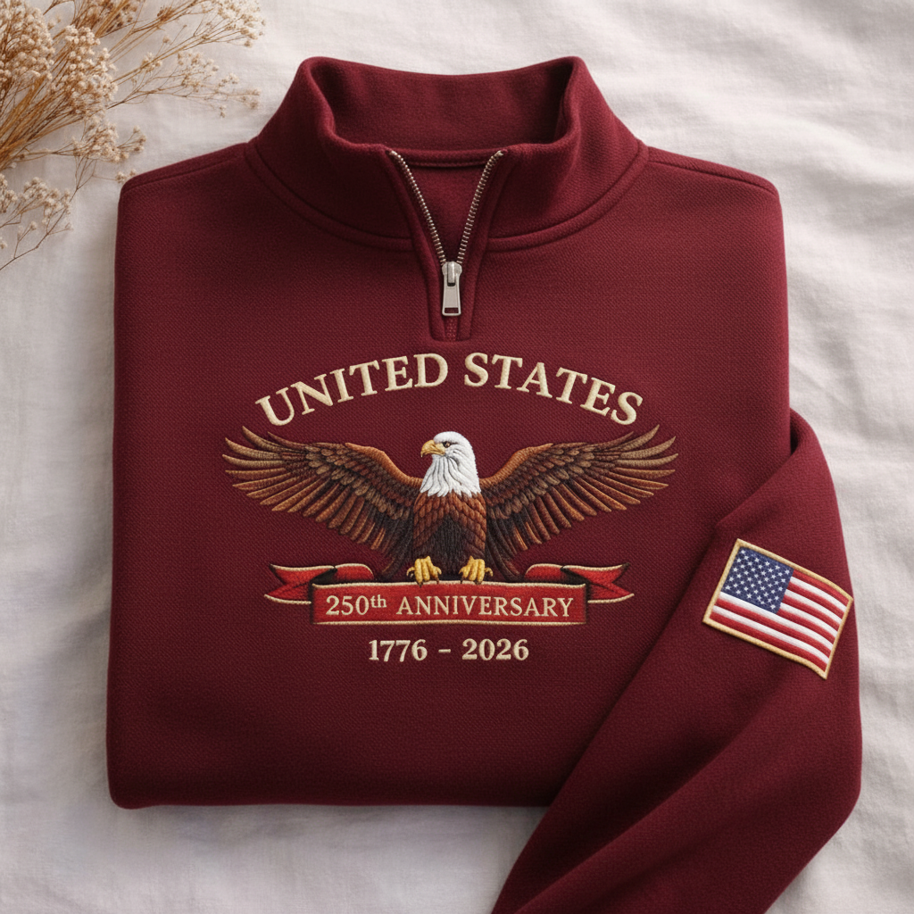 Eagle USA 250th Anniversary Embroidered Quater Zip, America 1776–2026 Sweatshirt, Patriotic American Flag Hoodie, Varsity Letter Shirt