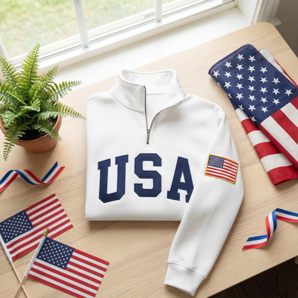 Embroidered USA Quarter Zip Sweatshirt, American Flag Pullover, Patriotic USA Jacket, 4th of July Outfit Tee, Unisex USA Embroidered Shirt
