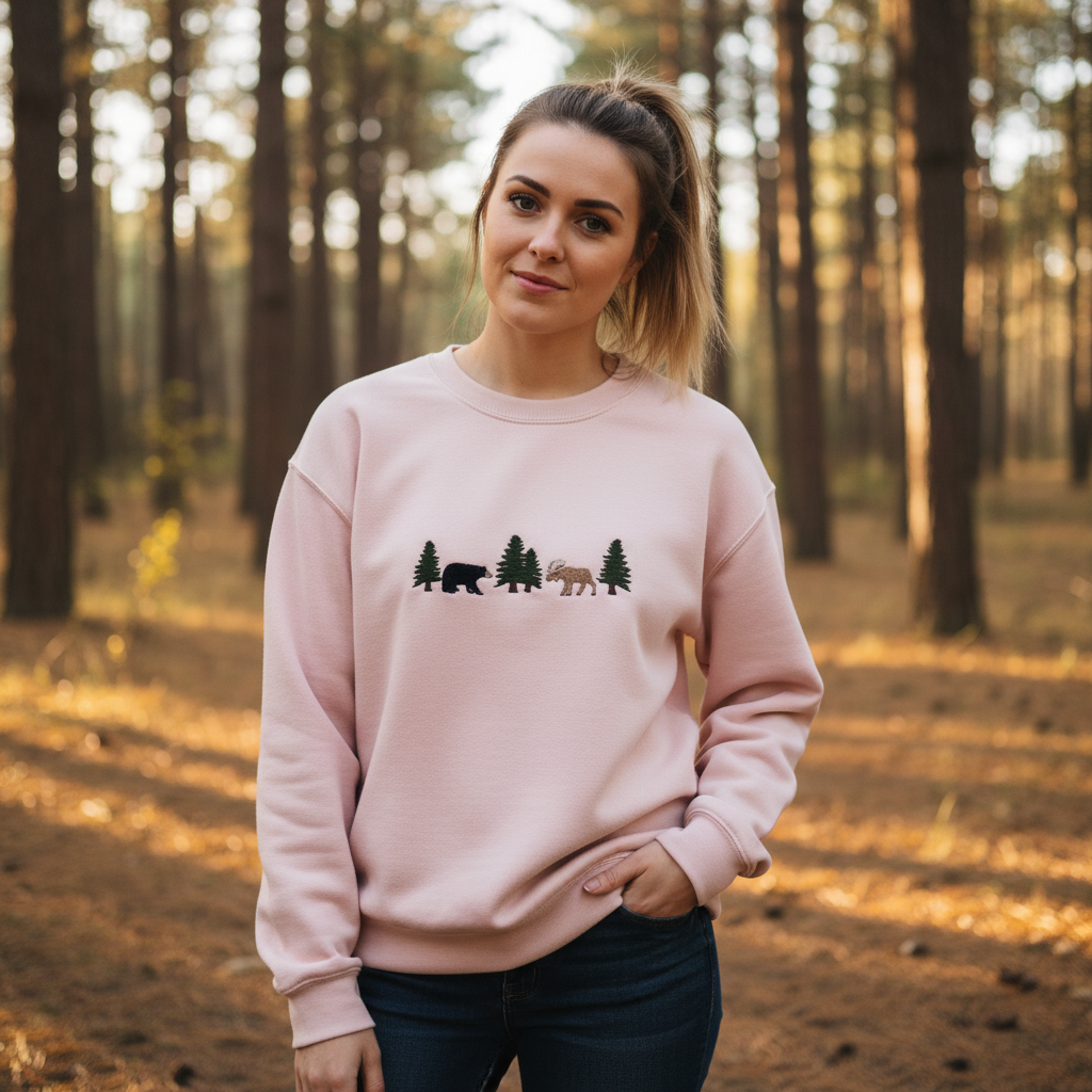 Embroidered Nature Sweatshirt, Bear and Moose Forest Wildlife Crewneck, Cozy Handmade Embroidery Gift