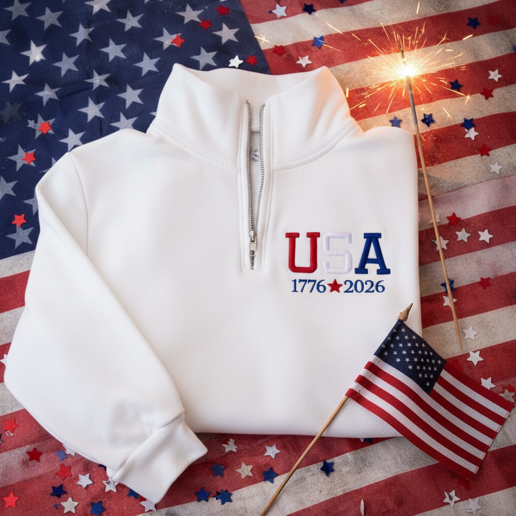 Embroidered USA Quarter Zip Sweatshirt | Patriotic Pullover | 1776–2026 Americana Unisex Sweatshirt | Fourth of July Gift
