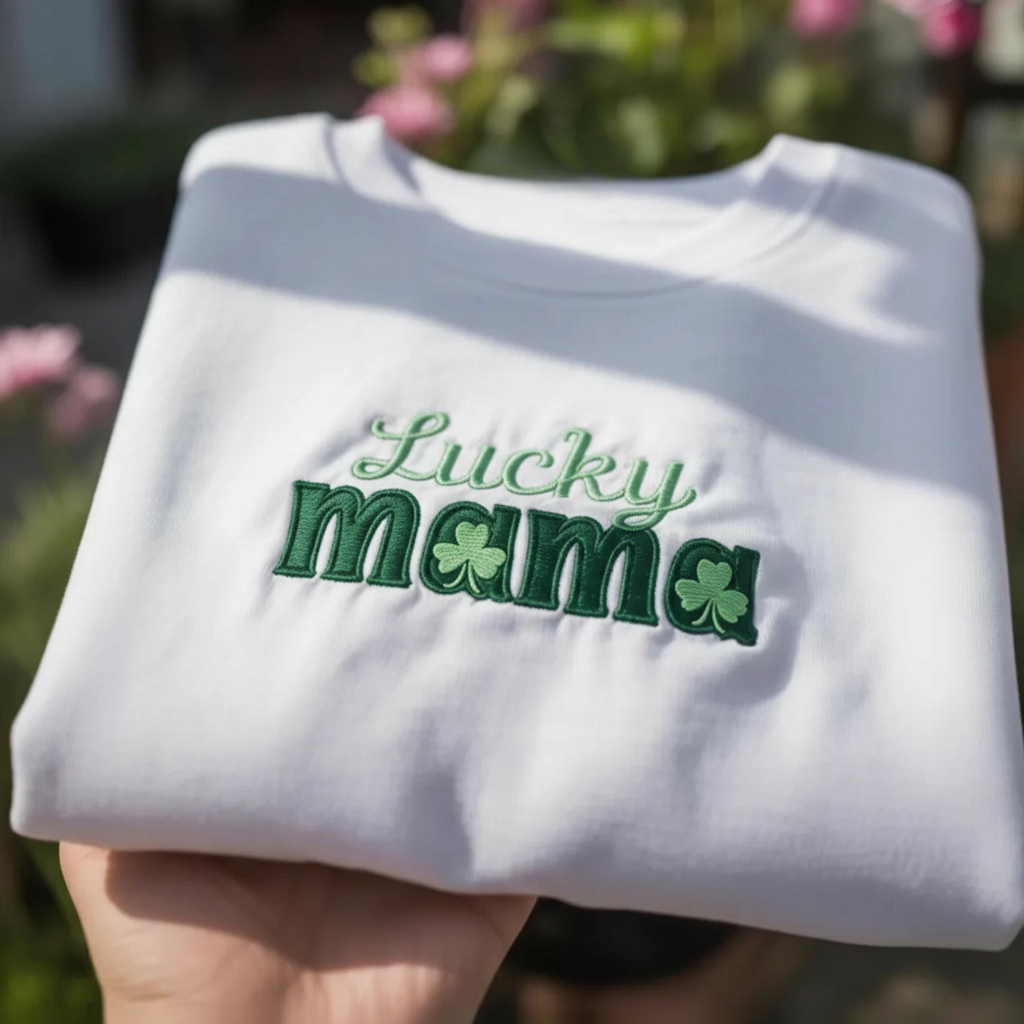 Lucky Mama St Patrick's Day Embroidered Sweatshirt, Irish Motherhood Shirt, Green Shamrock Mom Apparel, Festive Family Crewneck Top