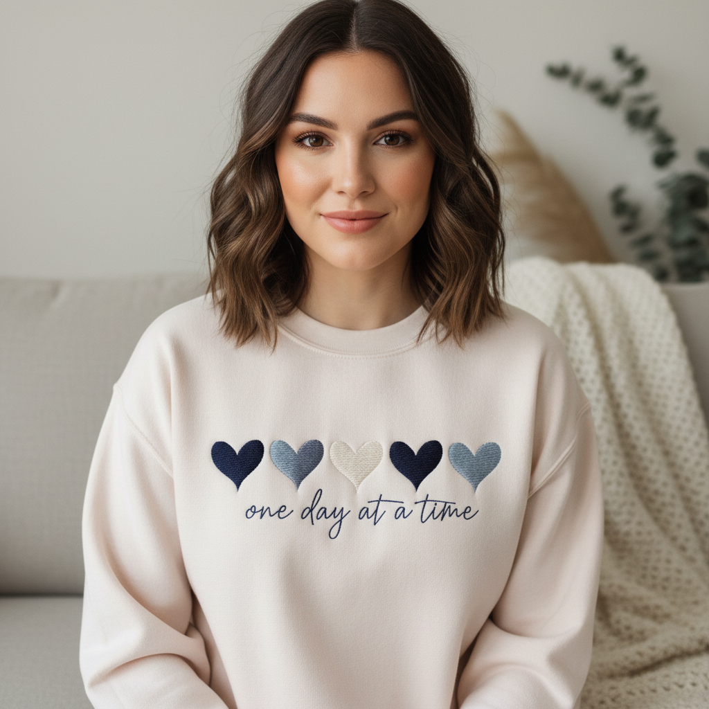 One Day At A Time Embroidered Design, Inspirational Mental Health Quote, Cute Hearts Gift Design