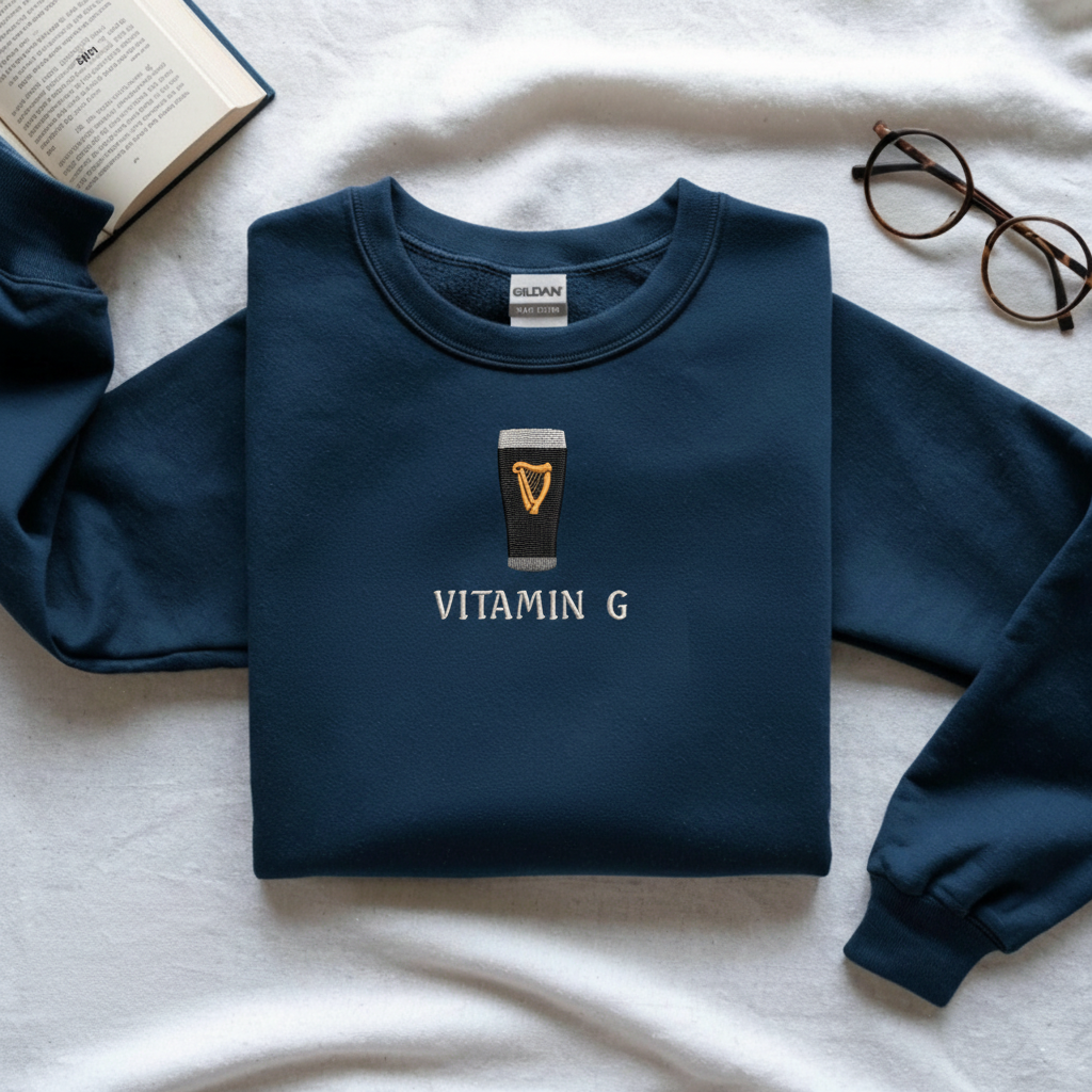 Vitamin G Embroidered St Patrick's Day Sweatshirt, Funny Embroidery Irish Pub Hoodie, Beer Lover Gift Sweater, Guinned Inspired Crewneck