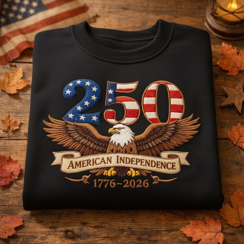 Embroidered 250 Years American Independence Shirt, Patriotic Eagle 1776-2026 Sweatshirt, USA 250th Anniversary Vintage Fourth of July Gift