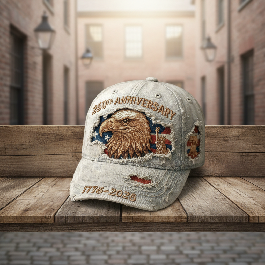 USA 250th Anniversary Distressed Hat 1776–2026 – Vintage Embroidered Bald Eagle & Statue of Liberty Patriotic Cap, American Flag Independence Celebration
